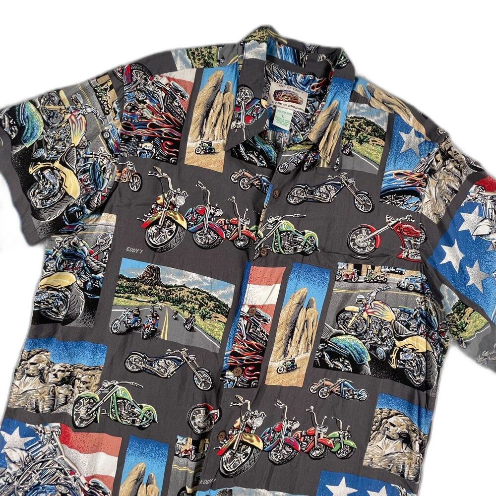 Reyn Spooner Eddy Y Shirt L Motorcycle Chopper Mount Rushmore Rayon Hawaiian Art